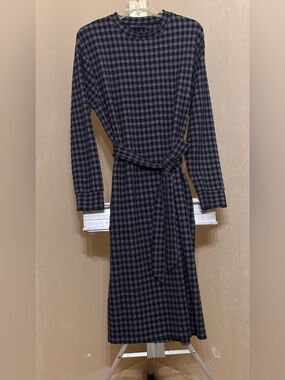 M&S Plaid Long Sleeve Belted Jersey Midi Dress - Navy US SZ 12 / UK 16